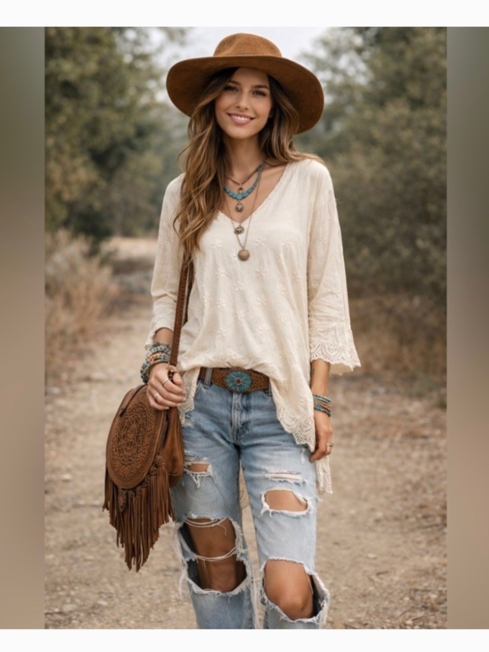 Johnny Was Cupra Cream Embroidered Eyelet Lace Tunic Top
